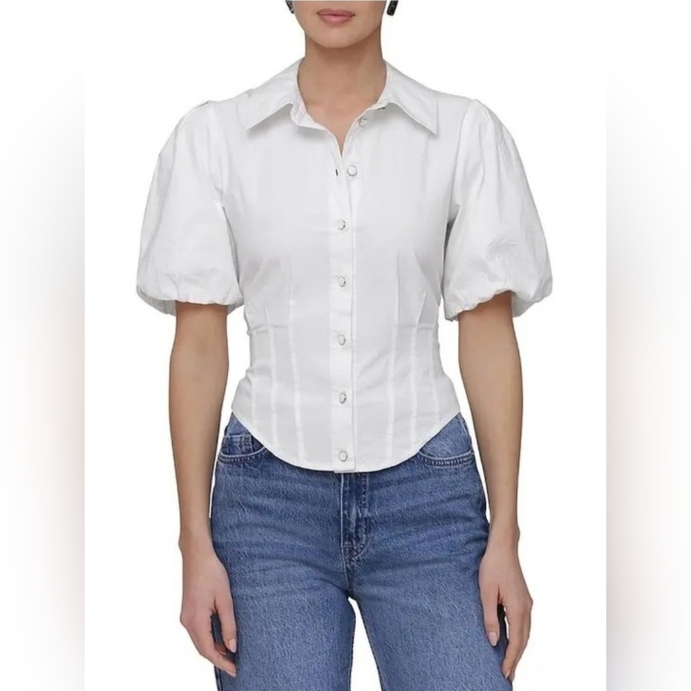 bagatelle Tan Button-Front Puff Sleeve Blouse..The color is Tan